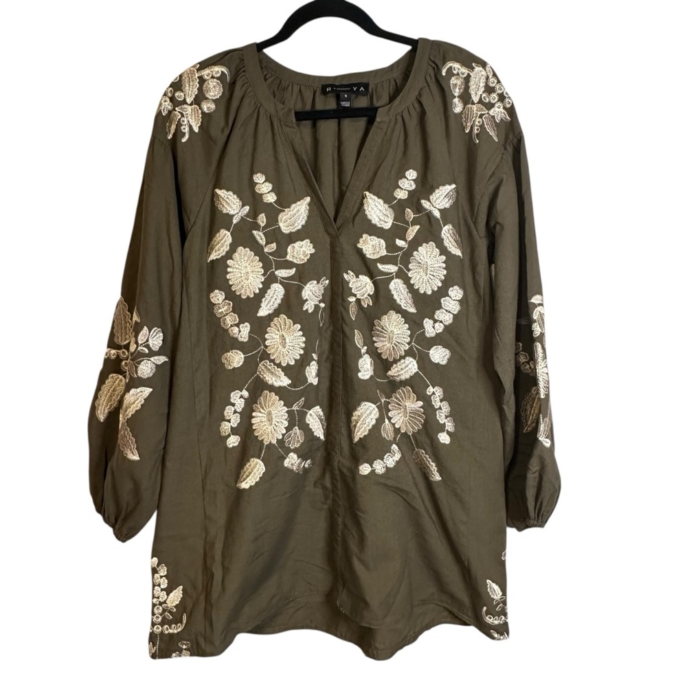 Anthropologie R.-Ya Olive Green Cream Embroidered Floral Peasant Top Boho Small